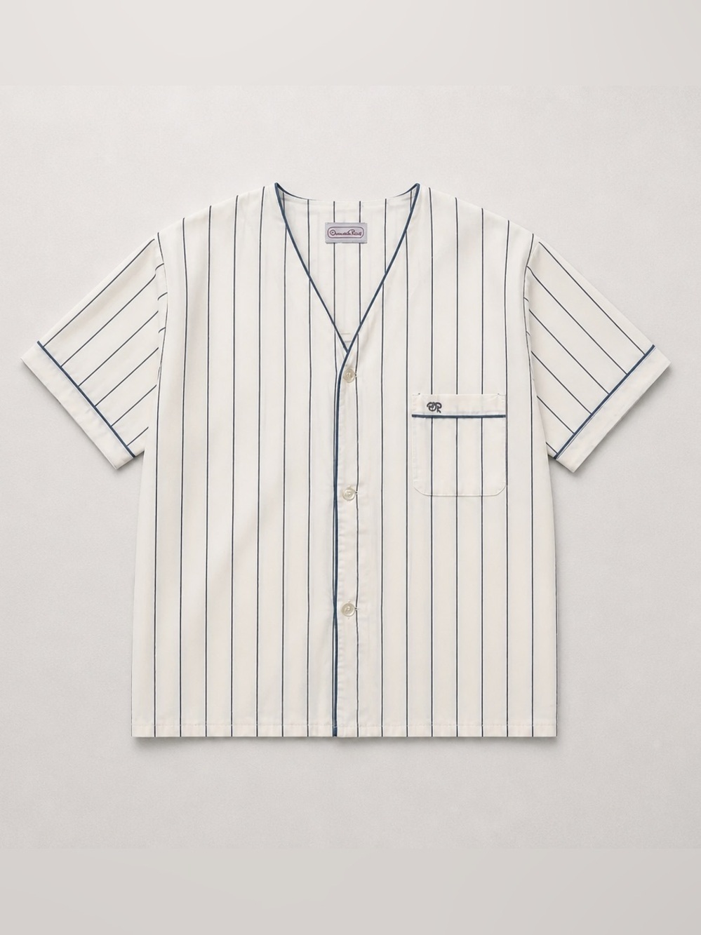Oscar de la Renta White Short-Sleeve Button Shirt with Navy Pinstripes